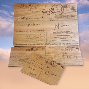 May include: Four wooden postcards with a rustic design. Each card has a space for a short personalized message, a "To:" line, and a stamp area. The top card has the text "Post Card" and "Short personalized message from whomever you want. Relative(s) or Name(s)" and a stamp with the date "29 JUL 2021". The other cards have handwritten messages and the text "Post Card" and "Just a reminder that I love and miss you!"