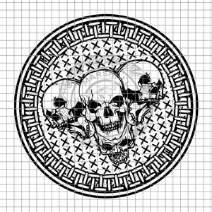 May include: Black and white illustration of three skulls arranged in a circle on a black and white patterned background. The skulls are stylized and have a gothic aesthetic.