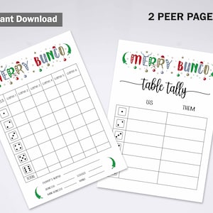 May include: Two white printable Bunco game sheets. The left sheet has a grid for tracking rolls and scores, with the text "Merry Bunco" at the top. The right sheet is a table tally sheet. The words "Instant Download" and "2 Peer Page" are also visible.