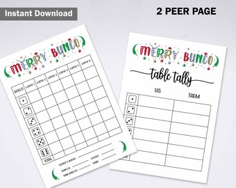 May include: Two white printable Bunco game sheets. The left sheet has a grid for tracking rolls and scores, with the text "Merry Bunco" at the top. The right sheet is a table tally sheet. The words "Instant Download" and "2 Peer Page" are also visible.