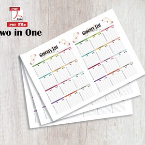 May include: A printable PDF grocery list template featuring two pages with floral accents. Each page includes categorized sections for items, checkboxes, and quantity fields. The text reads Grocery List and Two in One.