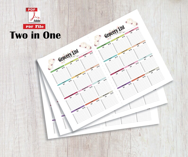 May include: A printable PDF grocery list template featuring two pages with floral accents. Each page includes categorized sections for items, checkboxes, and quantity fields. The text reads Grocery List and Two in One.