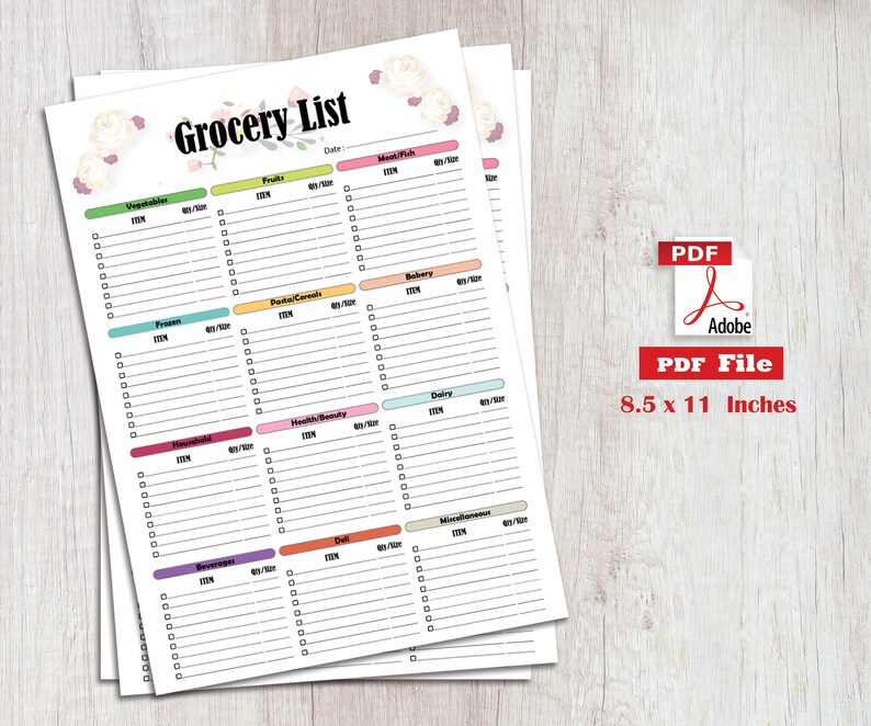 May include: A printable grocery list template on 8.5 x 11 inches paper featuring floral accents, the text Grocery List, and categorized sections for vegetables, fruits, meat, fish, frozen, pasta, cereals, bakery, household, health, beauty, dairy, beverages, deli, and miscellaneous.