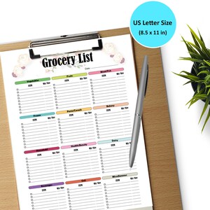 May include: A US Letter size 8.5 x 11 inch grocery list template on a clipboard with a silver pen. The white paper features floral accents, the text Grocery List, and categorized sections for vegetables, fruits, meat, fish, frozen, and dairy items.