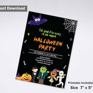May include: A black Halloween party invitation measuring 7 inches by 5 inches. It features a purple bat, a white spider web, and cartoon characters including a vampire, Frankenstein's monster, a pumpkin, and a mummy. Text reads: Eat, drink & be scary at our annual HALLOWEEN PARTY, OCTOBER 31 AT 6:00 PM, SARA'S HOUSE, 1234 MAINSTREET, ORLANDO, FL, Please RSVP To 123 456 789, Costumes Encouraged.