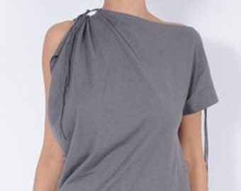 Robe tunique coton noir et gris asymétrique et ajustable OSHI