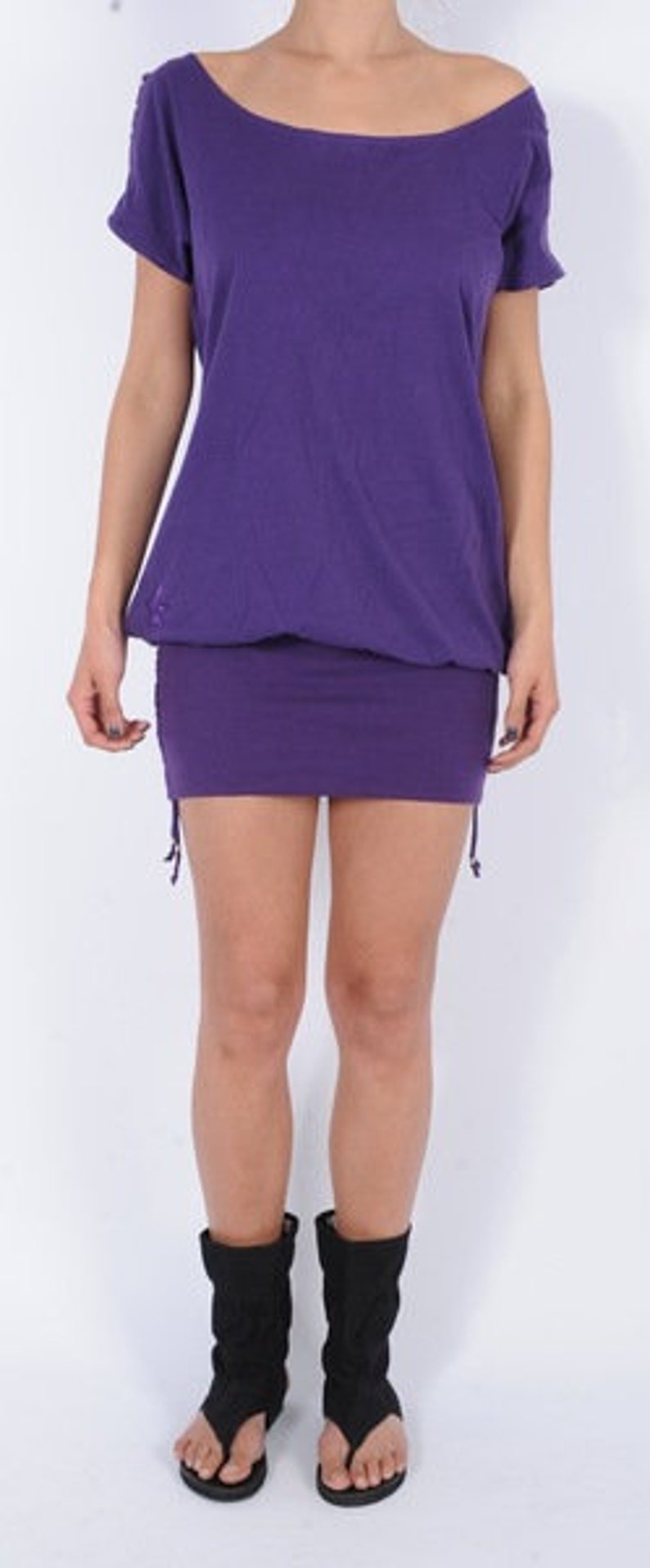 Tunique robe violet dos nu en coton bas extensible et ajustable OSHI image 4