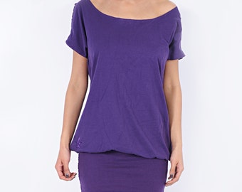 Tunique robe violet dos nu en coton bas extensible et ajustable OSHI