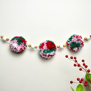 Vintage Christmas Color Pom Pom Garland | Red, Green, Pink, and White Decor | Holiday Felt Garland | Wood Bead Garland | Pink Christmas