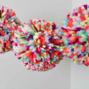 Bright Pom Pom Garland | Colorful Chunky Yarn Decor | Funky Bright Confetti | Neon Birthday Party Decor | Large Pom Poms