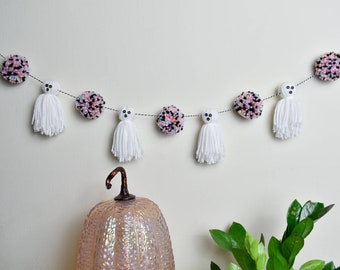 Pastel Ghost Garland: Halloween Pom Pom Tassel Decor