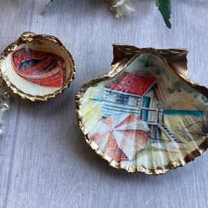 Decoupage Scallop Shell and Cockle Shell. Beach Hut and Rowing Boat Scene. Gold Accent Dish.