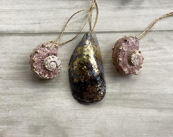 Shell hanging Christmas tree decorations. Trio of shells.