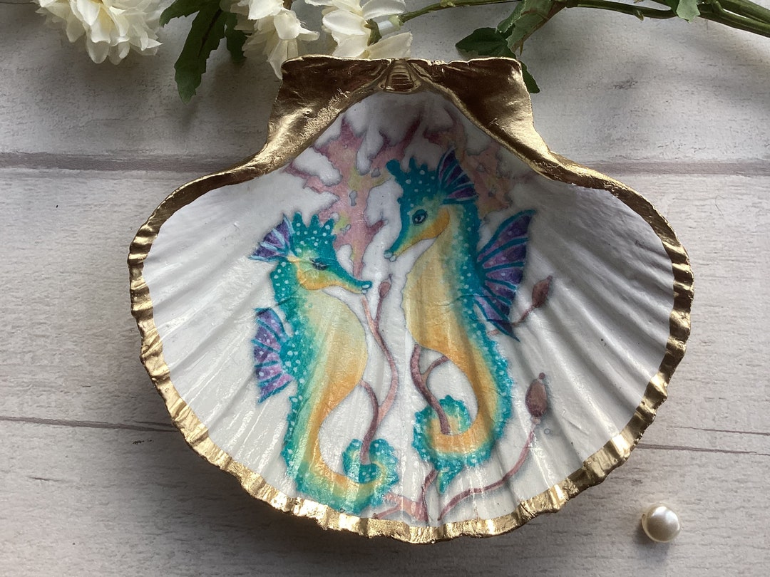 Seahorse Jewellery Dish. Scallop Shell. Gold Jewellery Dish. Potpourri Dish. Seahorse Lovers