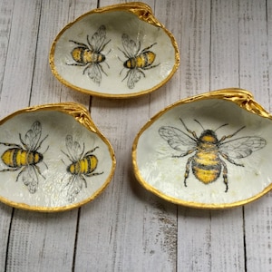 Set of 3 honey bee tea light holders. Decoupaged shells. Bee gifts. Honey bee lovers. Gold ornaments. Bee happy.