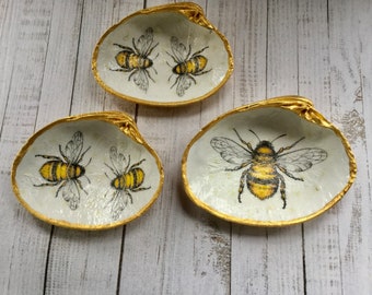 Set of 3 honey bee tea light holders. Decoupaged shells. Bee gifts. Honey bee lovers. Gold ornaments. Bee happy.
