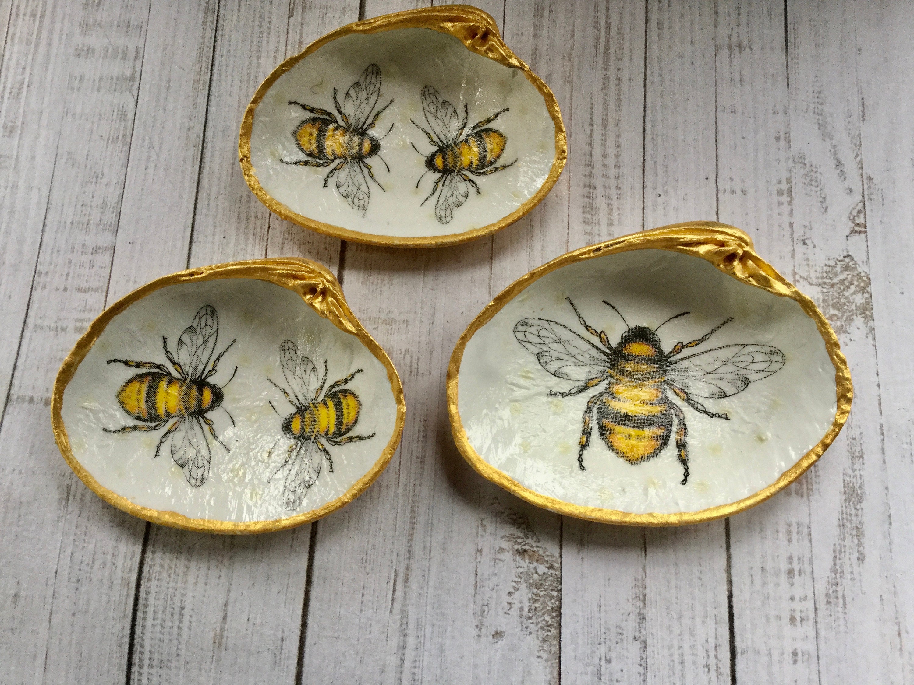 Set of 3 honey bee tea light holders. Decoupaged shells. Bee gifts. Honey  bee lovers. Gold ornaments. Bee happy.