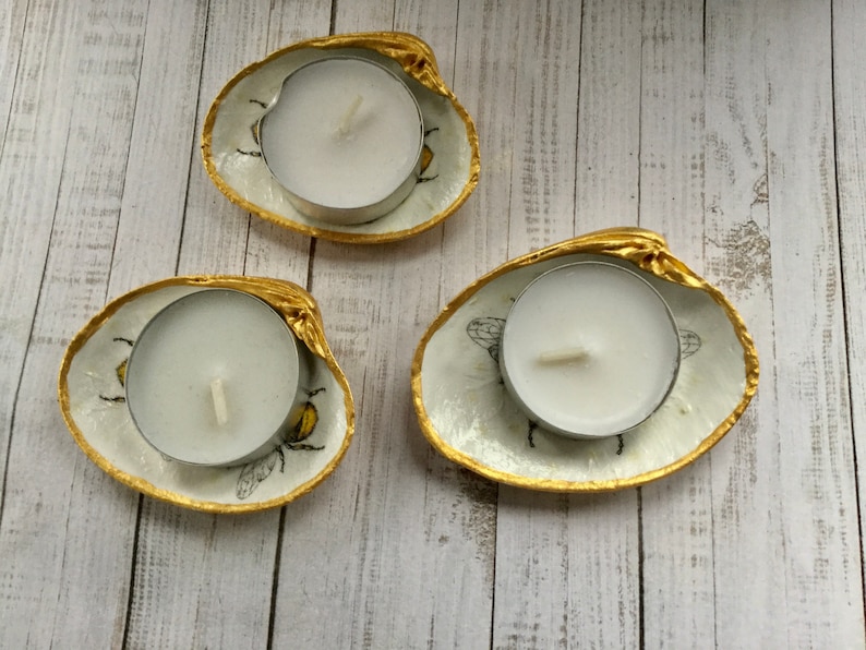 Set of 3 Honey Bee Tea Light Holders. Decoupaged Shells. Bee Etsy