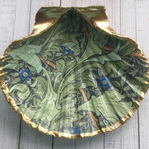 William Morris Granville in blue and green design. Shell jewellery dish. Gold Jewellery dish. Scallop shell. Trinket  holder.