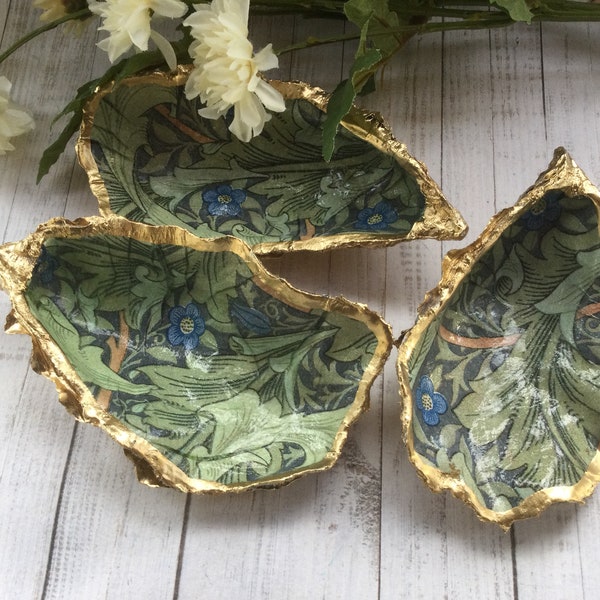 William Morris Granville design. Green and blue. Shell ornament. Unusual gifts. Painted oyster shell. Shell decoration.