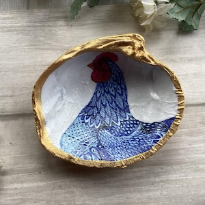 Decoupaged Chicken Clam Shell. Gold Tea Light Holder. Cockerel gifts.