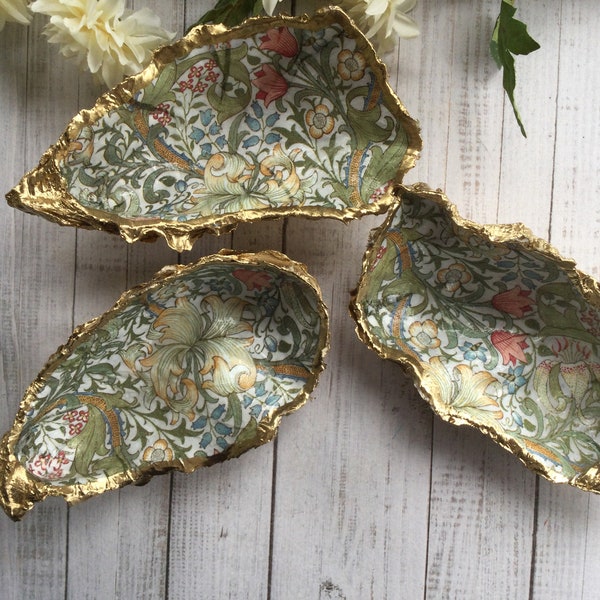 William Morris Golden Lily design. Gilded gifts. Shell ornament. Unusual gifts. Painted oyster shell. Shell decoration.