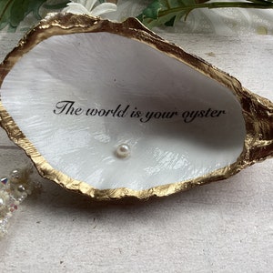 Large the world is your oyster design ornament oyster shell. Gold oyster shell. Decoupaged oyster shell. Handmade keepsake. Painted shell.