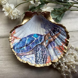 Turtle Decoupage Scallop Shell Jewellery dish. Liquid gold leaf dish.