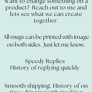 Informational graphic explaining customization options, fast replies, and smooth shipping for printed mugs.