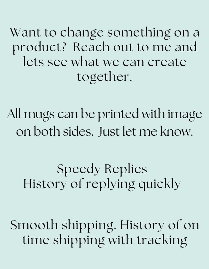 Informational graphic explaining customization options, fast replies, and smooth shipping for printed mugs.