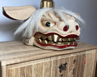 獅子頭、日本製木製獅子頭、獅子の置物、加賀獅子頭、幸運のシンボル 