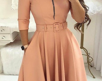 Solid Color Zipper Up Belted Pleated Casual Dress with belt; Gifts for Mom; Gifts for Her by Paul Brown