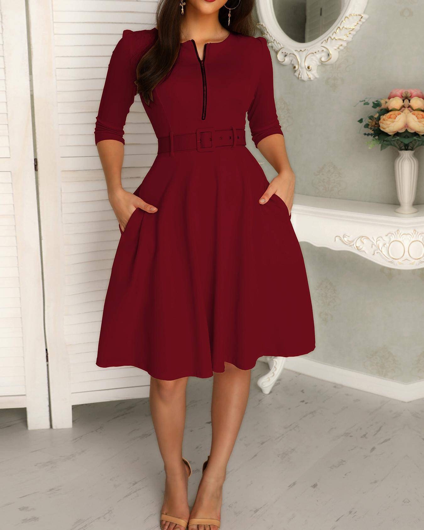 BELTED ZIPPER DRESS