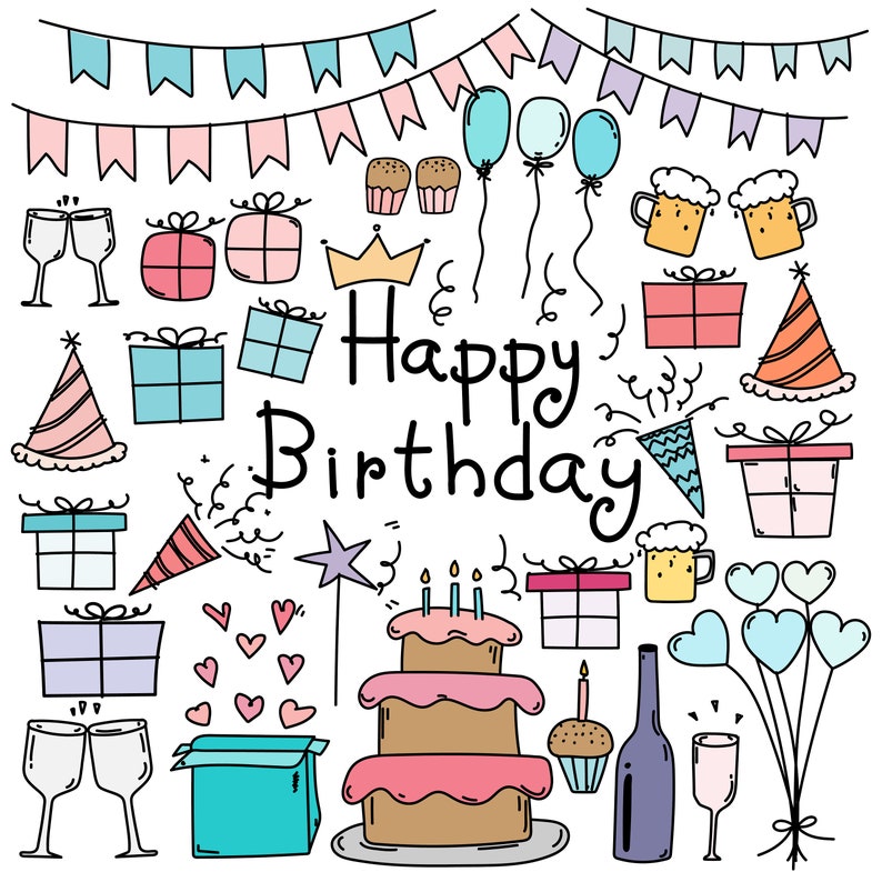 Hand Drawn Doodle Happy BirthDay Clipart Happy Birthday Etsy