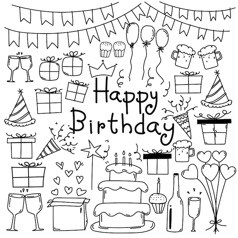 Hand gezeichnet Doodle alles Gute zum Geburtstag Clipart | Etsy