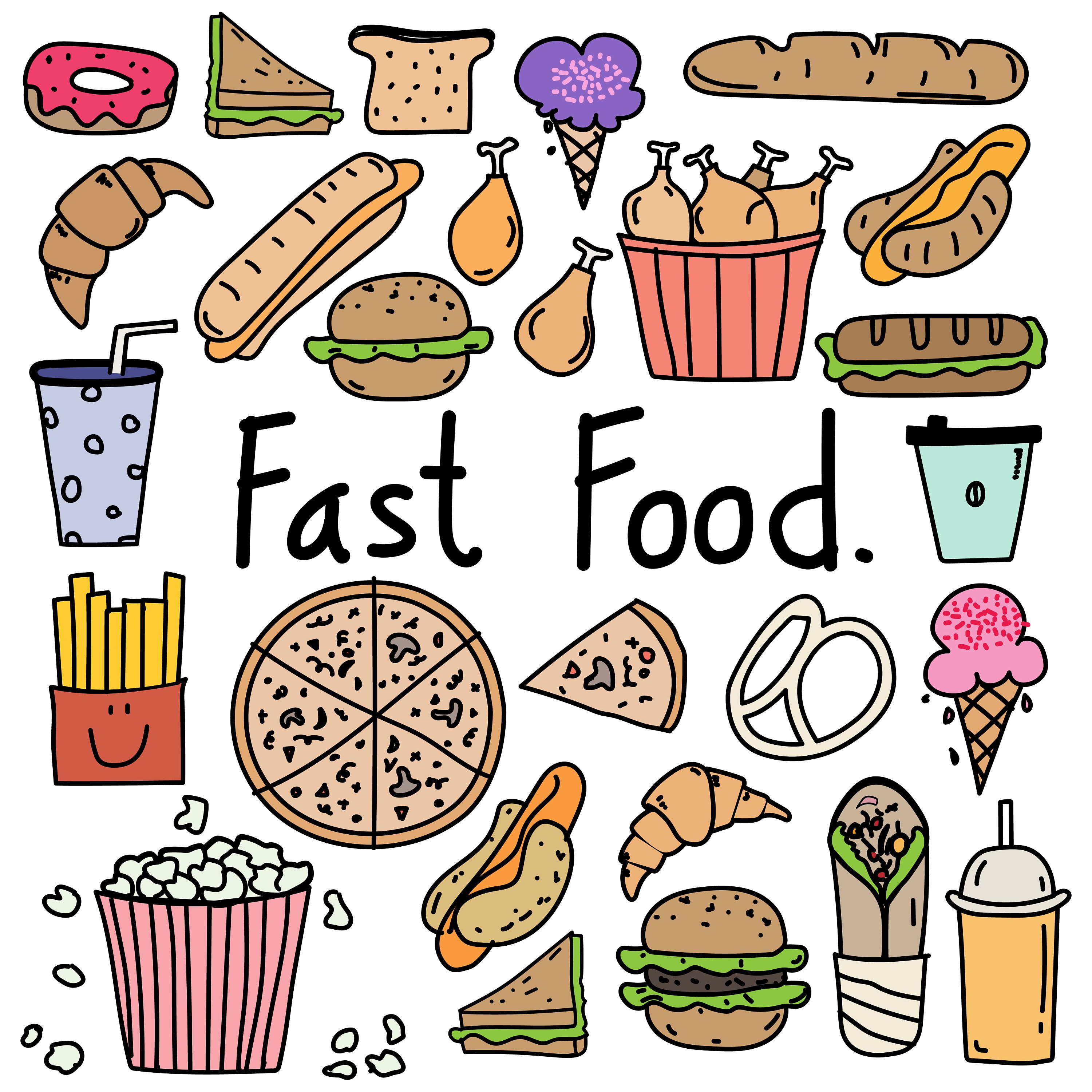 Hand Drawn Doodle Fast Food Clipart Fast Food Clipart Bakery Etsy