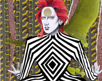 May include: A person with red hair and a gold circle on their forehead wears a black and white striped dress with a diamond pattern. The background is a collage of geometric shapes.