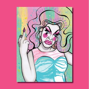Puede incluir: Una ilustración digital de una mujer con cabello rosa y azul, vistiendo un vestido rosa y azul, haciendo el dedo medio. El fondo es un diseño abstracto colorido.