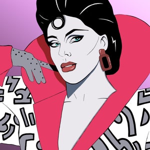 May include: A woman with black hair and a white and gray patterned shirt with a red collar. She is wearing a black glove on her left hand and a large red earring on her right ear.