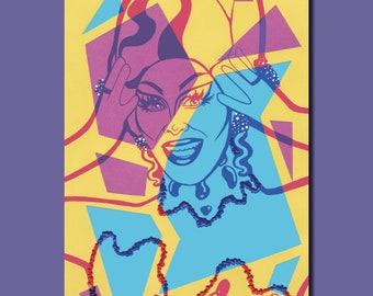 May include: A colorful illustration of a woman with a bright smile, wearing a blue and purple patterned head scarf. The image is made up of overlapping geometric shapes in yellow, blue, red, and purple.