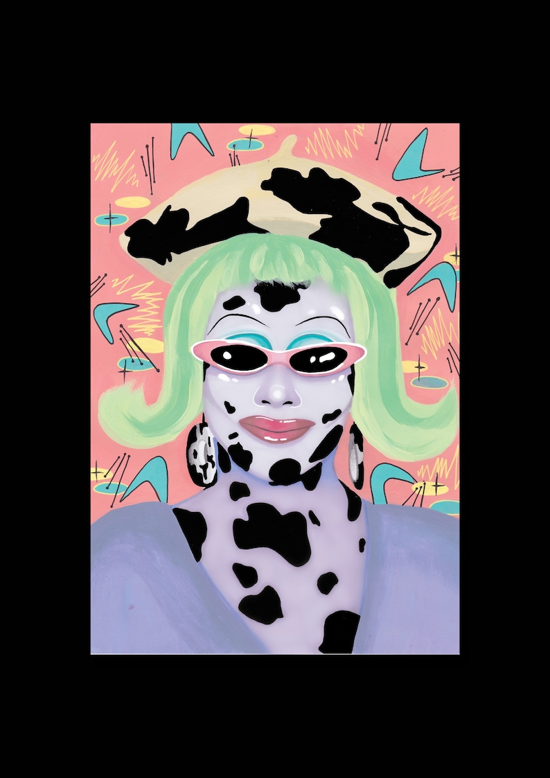 May include: A digital illustration of a person with a cow print face and green hair wearing a black and white cow print beret, pink sunglasses, and a purple shirt. The background is pink with abstract shapes in yellow, blue, and white.