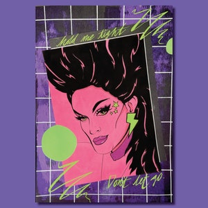 May include: A digital illustration of a person with black hair and pink skin. The person is wearing a purple choker and a lightning bolt earring. The background is a grid pattern with green and purple accents. The text "Hold me tight" and "Don't let go" is written in green.