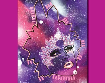 May include: A digital illustration of a face with a galaxy background. The face is outlined in black and has a pink and white crystal design. The background is a purple and pink galaxy with white stars.