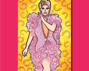 May include: A woman in a pink and purple sequined dress with a feathered collar and a yellow background. She is wearing a blonde wig and has a bright pink lip.
