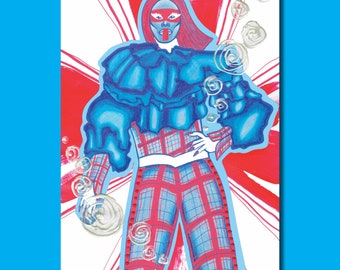 May include: A blue and red illustration of a person wearing a blue, ruffled top and plaid pants. The background is white with red and white lines radiating outward.
