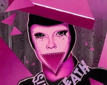 May include: A pink and black artwork featuring a stylized face with dramatic makeup and a triangular mouth cover. The image includes geometric shapes and the text "DEATH". The background has a textured, splattered effect.
