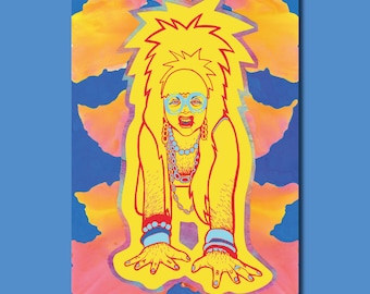 Puede incluir: Un personaje de dibujos animados amarillo con el pelo de punta, que lleva gafas azules y un collar, se muestra en una pose agachada con las manos extendidas. El fondo es un diseño abstracto colorido con tonos de azul, amarillo, naranja y rosa.
