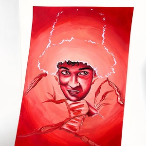 Puede incluir: Una pintura de una persona con un afro grande y esponjoso. La cara de la persona es visible y está mirando directamente al espectador. El fondo es de un rojo vibrante con un patrón de remolino.