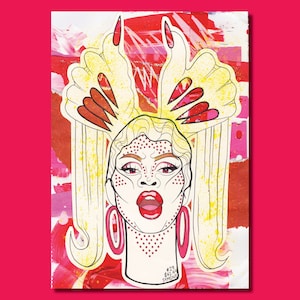 Symone ‘Red’ - Drag Queen Mixed Media LGBT Queer Art Print Postcard