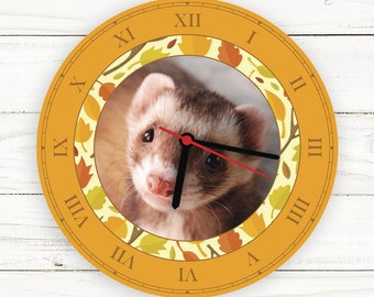 Autumn Fall Leaves Custom Wall Clock, Ferret Clock, Ferret Gift, Ferret Lover, Personalized Clock, Christmas Gift, Gifts for Her